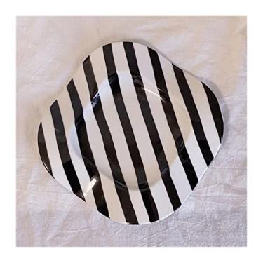 Imagem de Prato de serviço irregular prato de bolinhas preto e branco prato listrado preto e branco prato doméstico quadrado prato fundo de cerâmica restaurante prato de jantar pratos de sobremesa (cor: 002)