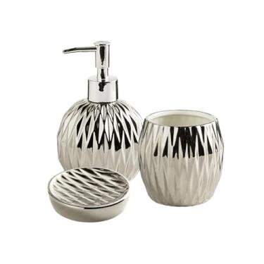 Imagem de Conjunto de quatro peças de cerâmica leve de banheiro de luxo inclui dispensador de sabonete, copo de enxaguante bucal e xampu de saboneteira (prata)