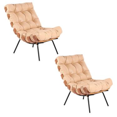 Imagem de Kit 02 Poltronas Giratória Costela Couro Bege Base Madeira