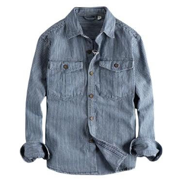 Imagem de Camisa jeans masculina, manga comprida, estampa listrada, ombro caído, roupa de fora, cor combinando com caimento solto, Azul claro, XG