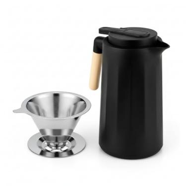 Imagem de Kit Café Perfeito – Garrafa Térmica 1L Preta com Cabo de Madeira + Coador de Café Inox 103 Permanente | Café Sustentável, Design Moderno e Sabor Puro