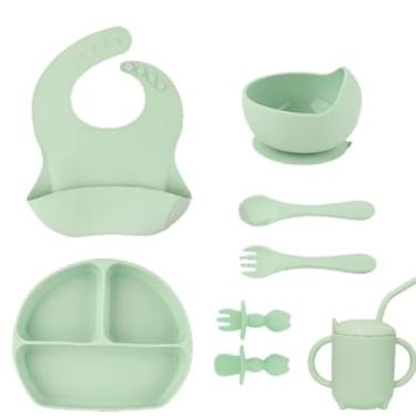 Imagem de Kit Alimentação Bebê 6 Peças, Prato com Ventosa, Tigela, Talheres, Babador e Copo em Silicone, Verde, Livre de BPA, para Crianças Acima de 3 Meses