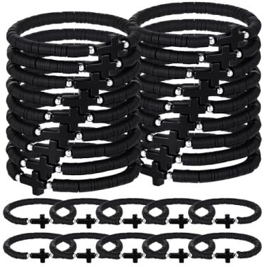 Imagem de Landical 30 pulseiras de cruz a granel Jesus pulseiras feitas à mão com contas de argila de polímero coloridas pulseiras religiosas para mulheres crianças domingo natal enchimento de meia (preto)