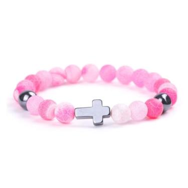 Imagem de SCRDPRAD Cruz religiosa cristã natural colorida 8 mm contas de pedra ajustável elástica pulseira elástica Páscoa amizade casal, joia inspiradora católica para mulheres e homens, Adjustable, Metal, Sem