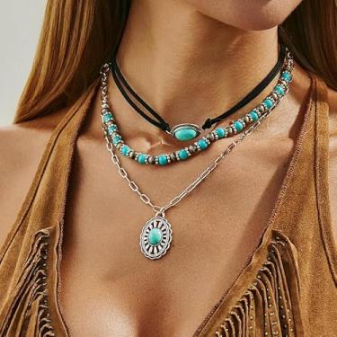 Imagem de Colar feminino turquesa ocidental, joia turquesa com pingente de cruz, colar de prata em camadas, joia de concerto country ocidental, Medium, Latão, Sem Pedra Preciosa