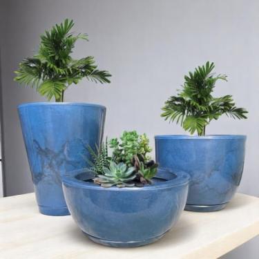Imagem de Kit Jogo 3 Vasos Luxo Marmorizados Polietileno Planta Flor Jardim Varanda Moderno Elegante (Azul)