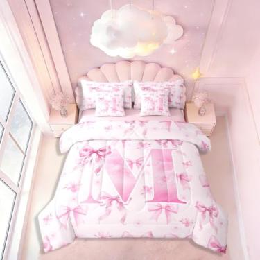 Imagem de Conjunto de cama casal com letra M, 7 peças, linda cama com laço kawaii em uma bolsa, conjunto de cama com laço rosa inclui edredom, conjunto de lençol, fronhas e fronhas, decoração de quarto estilo