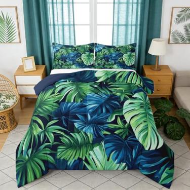 Imagem de Homewish Conjunto de edredom casal com folhas de palmeira, folhas botânicas, azul e verde, aquarela para crianças, adolescentes e adultos, conjunto de edredom com 2 fronhas