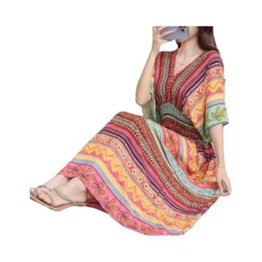 Imagem de Vestido Midi Vintage Boêmio Floral Para Mulheres Com Decote Em V E Cin