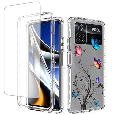 Imagem de Ueokeird Capa para Poco X4 Pro 5G, 2201116PG Capa com protetor de tela de vidro temperado, capa protetora de corpo inteiro com estampa de borboleta transparente para Xiaomi Poco X4 Pro 5G (árvore