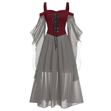 Imagem de Masbird Vestido renascentista feminino 2024 Renascentista gótico vestidos ombro de fora renda manga morcego vestido medieval cosplay vestido, Vinho tinto, XGG