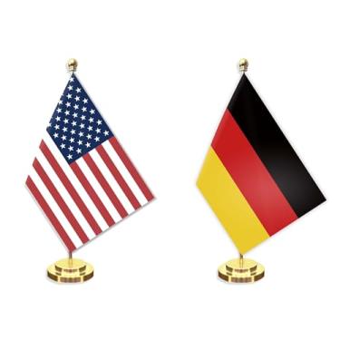 Imagem de Conjunto de 2 bandeiras pequenas de mesa alemã americana, mini banner de mesa alemão de 12 × 20 cm, decoração de poste sólido de metal de 30,48 cm, faixa de poliéster impressa digital pequena com base