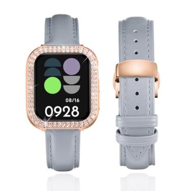 Imagem de BINLUN Pulseira de couro compatível com Apple Watch séries 9/8/7/SE2/SE/6/5/4 de 41 mm e 40 mm com glitter e diamantes (40 mm, cinza e ouro rosa)