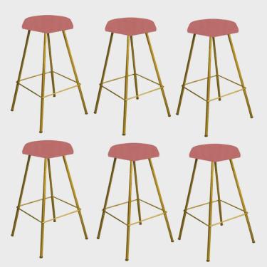 Imagem de Kit 06 Banqueta Alta Lari Eiffel Hexágono Bancada Bar Balcão Bistrô Ferro Dourado Suede Rose Gold - Ahz Móveis