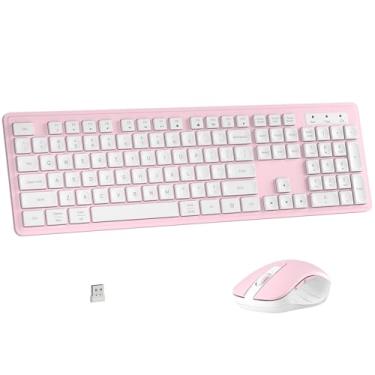Imagem de MPTOG Combinação De Teclado E Mouse Sem Fio Mptog, Tamanho Completo, 104 Teclas Escritório Com 15 Função, Numérico, Receptor Usb Único, Compatível Pc Laptop (Rosa Branco)