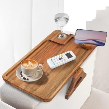 Imagem de comfoyar Bandeja de braço de sofá, mesa de apoio de braço de sofá de madeira de acácia com suporte de taça de vinho, bandeja dobrável para poltrona com suporte de telefone girado em 360°, mesa de