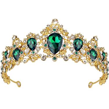 Imagem de Didder Tiara barroca vintage de strass, tiaras de cristal real verde para mulheres, tiara de coroa de princesa dourada para meninas, acessórios de cabelo de noiva para casamento/formatura/concurso