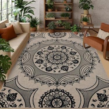 Imagem de USTIDE Tapetes laváveis de juta 1,7 m x 18 m lavável preto floral tapete de pátio externo para sala de estar, sala de jantar, casa de fazenda, tapete antiderrapante para quintal e quarto