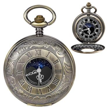 Imagem de Relógio de bolso vintage com escala de números romanos, calendário de fases da lua, quartzo, relógio de bolso com corrente, melhor presente, SH1002-bronze, todos os dias
