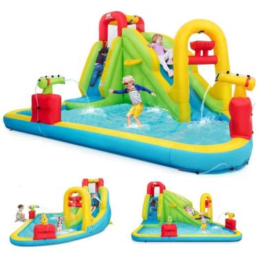 Imagem de Parque Aquático Inflável até 160 kg com Escorregador, 2 Canhões de Água e Escalada em Parede, BOUNTECH, Colorido