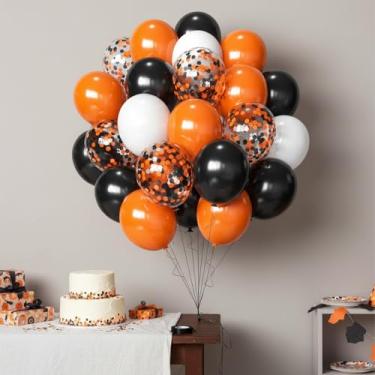 Imagem de Pacote com 30 balões de Halloween, 30 cm preto, laranja, branco e confete balões de látex para festa de Halloween, bar, aniversário, formatura, decoração de férias