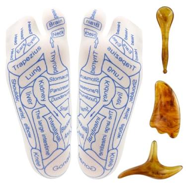 Imagem de 4 peças de meias de tabela de reflexologia com ferramentas de massagem, 30 x 9 cm, meias de massagem de ponto de pressão, meias elásticas de acupressão para relaxamento da dor nos pés e dedos dos pés