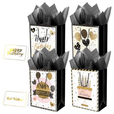 Imagem de Bolsa de presente de aniversário com alça de papel de seda para mulheres e homens, bolsa de presente premium, preta, pacote com 4, 23 cm