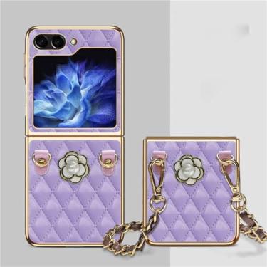 Imagem de Luxo cortex diamante treliça 3d camélia capa de corrente de couro portátil para samsung galaxy z flip3 5g z flip4 zflip5 capa, a, para z flip 5