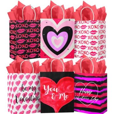 Imagem de qiqee Sacos de papel para presente de dia dos namorados, 6 designs, 21 x 15 x 8 cm, tamanho pequeno, 48 pacotes de sacolas Kraft com alça a granel