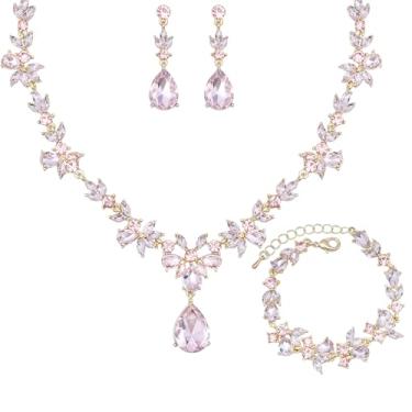 Imagem de chaoyite Conjunto de joias de casamento para mulheres, colar floral para noivas, brincos e pulseiras, acessórios de fantasia de festa de formatura de cristal para noiva #0015, 42, Liga de cobre