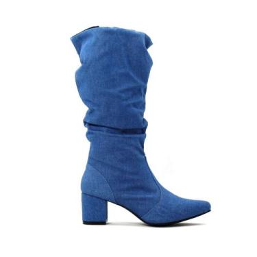 Imagem de Botas Femininas Modelo Slouchy Bico Fino Salto Grosso Lirom, Jeans, 35