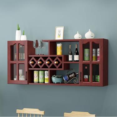 Imagem de Prateleira de vinho montada na parede - Prateleira de vinho de madeira para bar e cozinha doméstica, suporte de garrafa elegante, exibição de armazenamento de vinho que economiza espaço, perfeita para