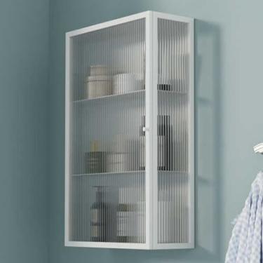 Imagem de Armário de armazenamento de vidro de porta única montado na parede branco, portas de vidro temperado, organizador de moldura de metal para banheiro e cozinha, armário de remédios de porta transparente