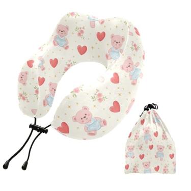 Imagem de Burbuja Almofada de pescoço de coração Bear Love para viagens, almofada de viagem de espuma viscoelástica para dormir, suporte de cabeça de avião e carro, lavável na máquina e portátil