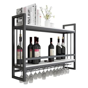 Imagem de Prateleira de vinho montada na parede - Prateleira de barra flutuante de 2 camadas com suporte de vidro, prateleira de exibição de licor de metal elegante para bar doméstico, preto e branco (100 cm