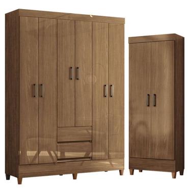 Imagem de Guarda Roupa Casal 6 Portas Com Pés Fit E Armário Multiuso Fit Jequitibá Acetinado - Santos Andirá