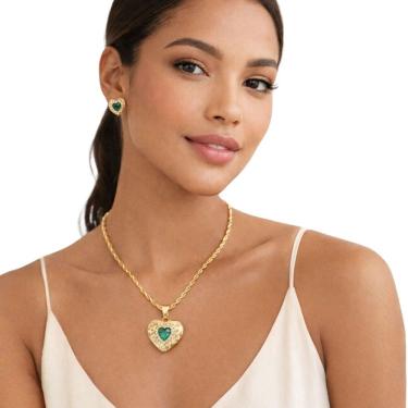 Imagem de Kit Feminino Coração Pedra Verde Colar Brinco Elegante Luxo