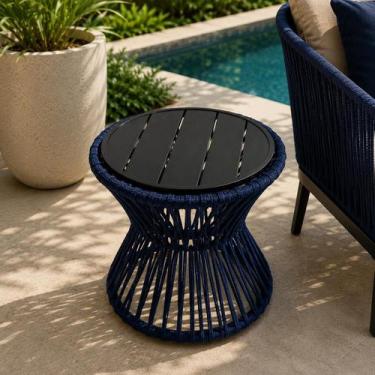 Imagem de Mesa de Centro Sol em Corda Náutica e Base em Alumínio Preta 50cm Azul