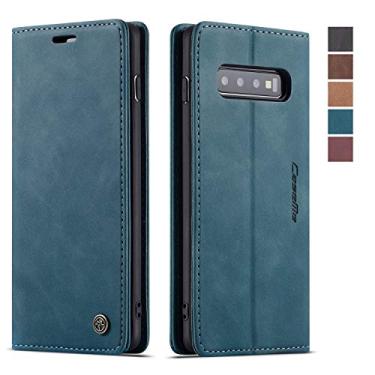 Imagem de Capa carteira para Samsung Galaxy S10, capa protetora de couro com suporte magnético com compartimento para identidade e cartão de crédito para Galaxy S10 (azul)