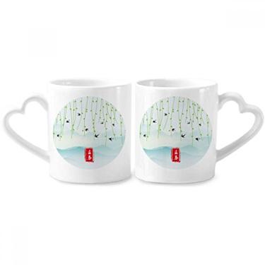 Imagem de Spring Begins Twenty Four Solar Term Conjunto de canecas de porcelana para casais, copo de cerâmica para amantes, alça de coração