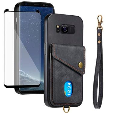 Imagem de Asuwish Capa de telefone para Samsung Galaxy S8 capa carteira com protetor de tela de vidro temperado e alça de pulso suporte para cartão de crédito suporte celular de couro S 8 8S Edge SM-G950U