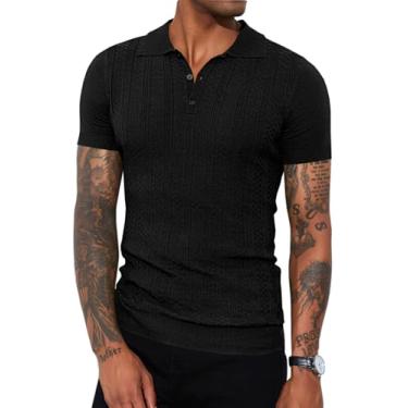 Imagem de Runcati Camisa polo masculina de malha de cor sólida slim fit manga curta casual leve texturizada golfe camisa polo, Preto, M