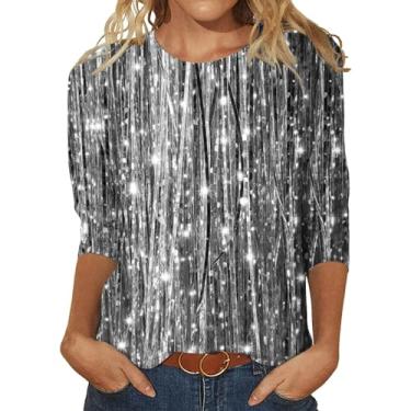 Imagem de Camiseta feminina manga 3/4 Going Out 2024 moderna verão casual macia túnica gola redonda blusas soltas roupas, V020t-prata, GG