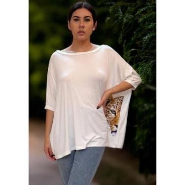 Imagem de Blusa Ampla Malha Morcego Manga Curta Off-White Onça Pintada - Único-Feminino