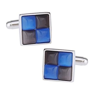 Imagem de Abotoaduras estilo gatinho azul e cinza com moldura prateada Cuff-Daddy