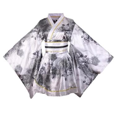 Imagem de Quimono feminino curto sexy fantasia adulta estampa de gueixa japonesa vestido de festa de Halloween vestido chique com cinto (90# branco)