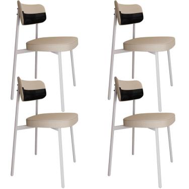 Imagem de Kit 04 Cadeiras Estofada Para Sala De Jantar Astrid Branco C01 Linho Areia Courino Preto - Lyam Decor