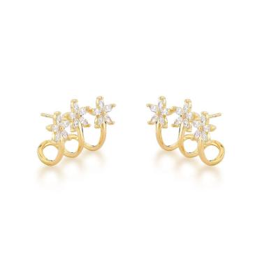 Imagem de Brinco Ear Hook 03 Flores Banhado A Ouro 18k Cristal