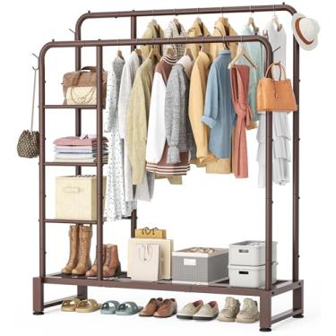 Imagem de Suporte para roupas de varal duplo com prateleiras de armazenamento de 4 camadas, suporte para pendurar roupas, multifuncional, organizador de roupas resistentes com ganchos para quarto, guarda-roupa,