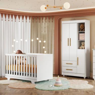 Imagem de Quarto De Bebê Guarda Roupa 3 Portas E Berço Mini Cama 100% Mdf Com Colchão Nina  Branco